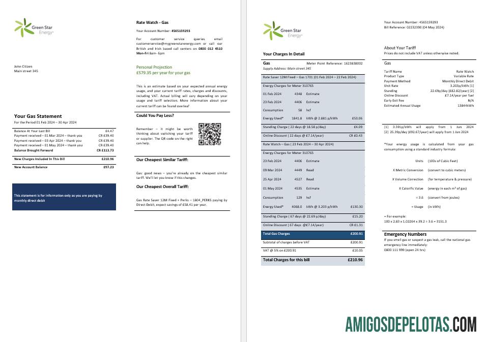 UK Green Star Energy Energy Utility Bill Word e PDF, formatos 3 amostra